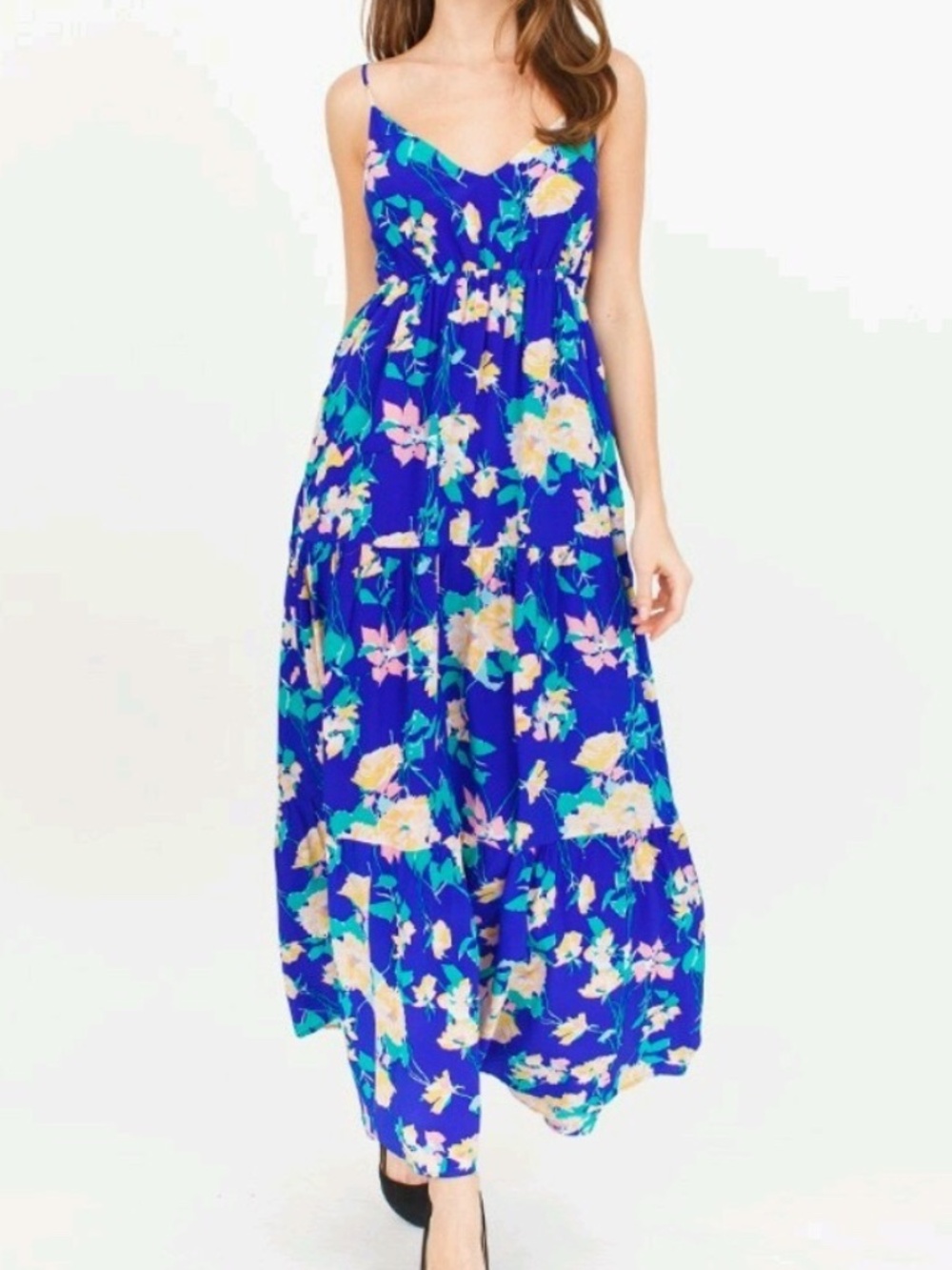 Yumi Kim Blue Floral Empire Waist Silk Dress | Size Medium